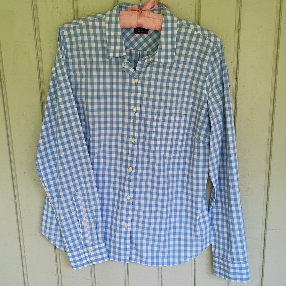 Untuckit Women’s Button Down Long Sleeve Shirt Blue Check Plaid Western Size 10